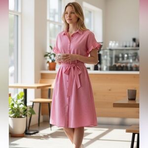 NWT Rachel Parcell Pink & White Striped Ruffle Sleeve Shirt Dress w/Belt